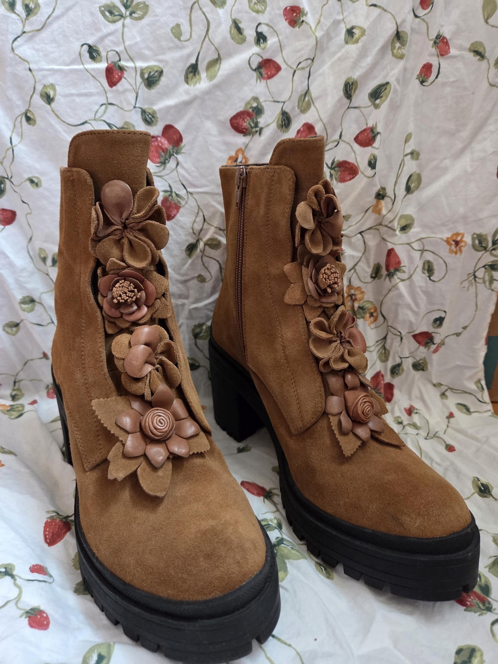 Anthropologie Bruno Premi Brown Floral Suede Platform Ankle Boots